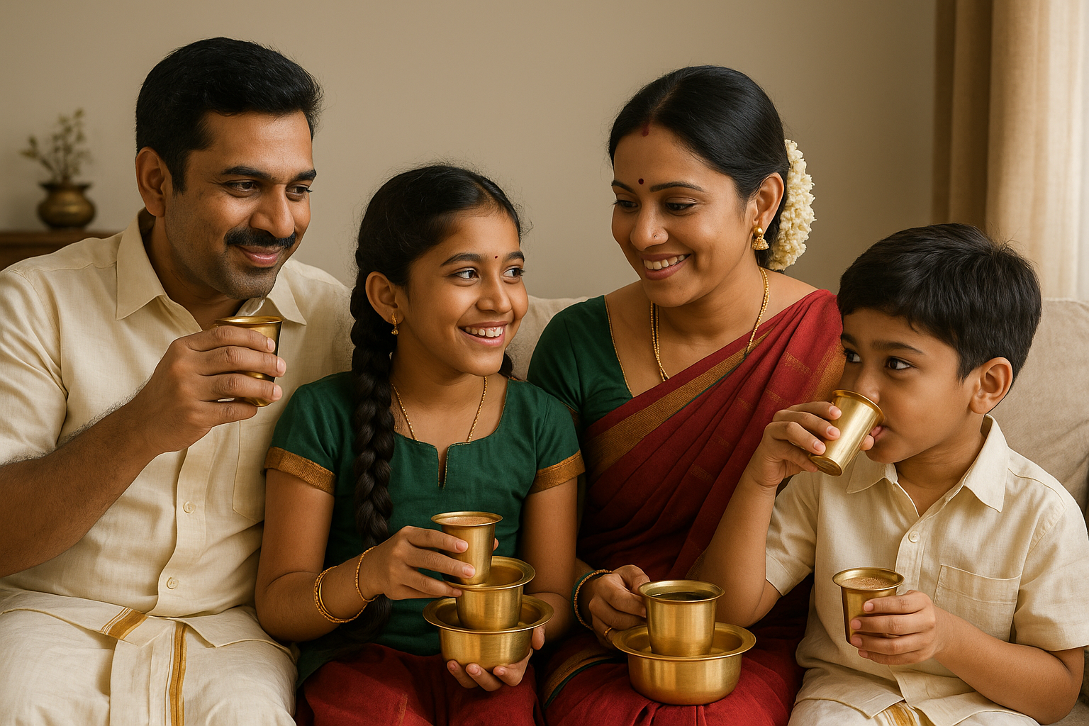 Family of four, including a man, woman, and two children, sitting together and drinking from gold cups.