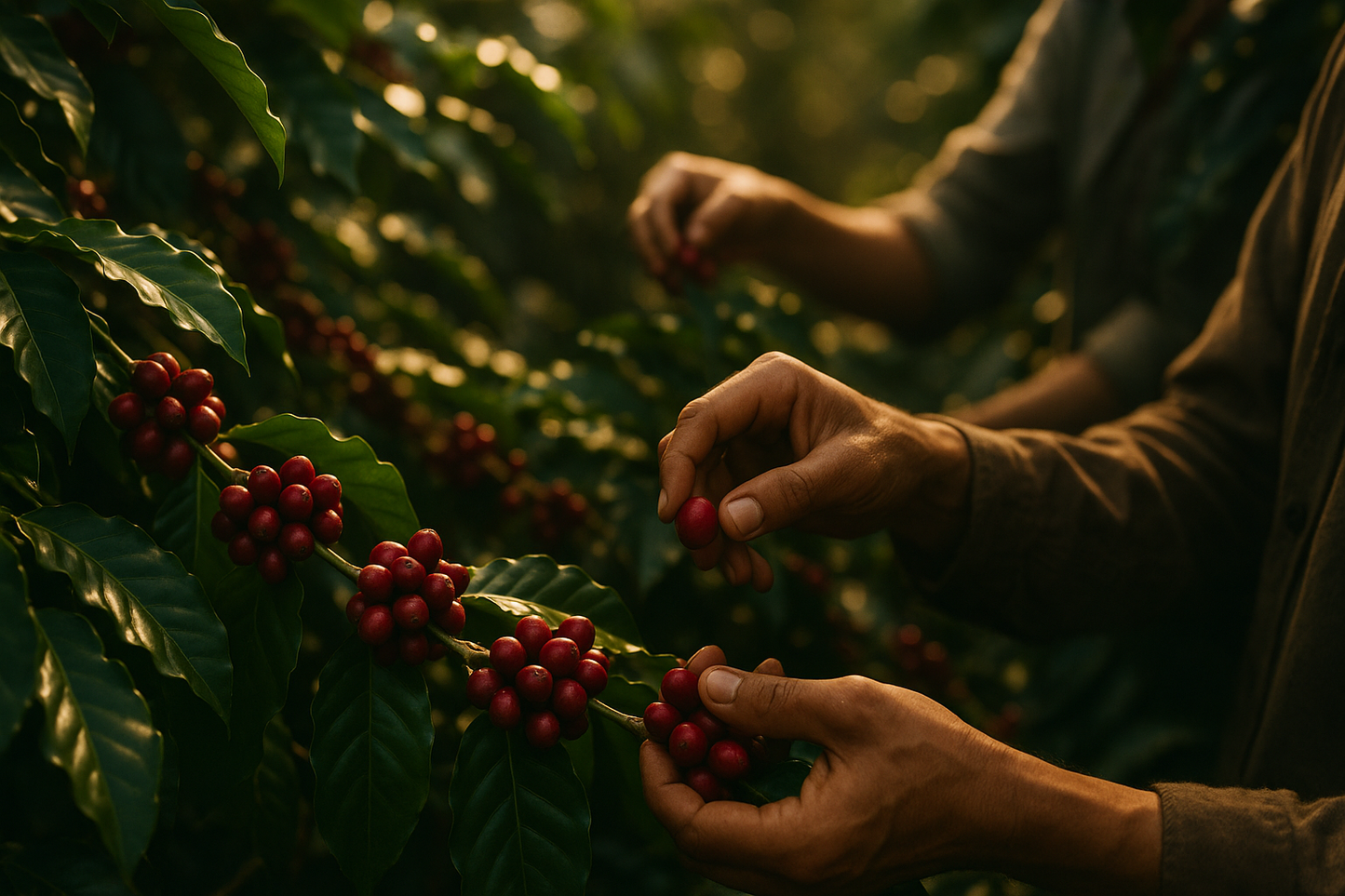 coffee hanpicking process traditional cinematic lens , Each coffee cherry is carefully hand-picked at peak ripeness to ensure only the highest quality beans make it to your cup.