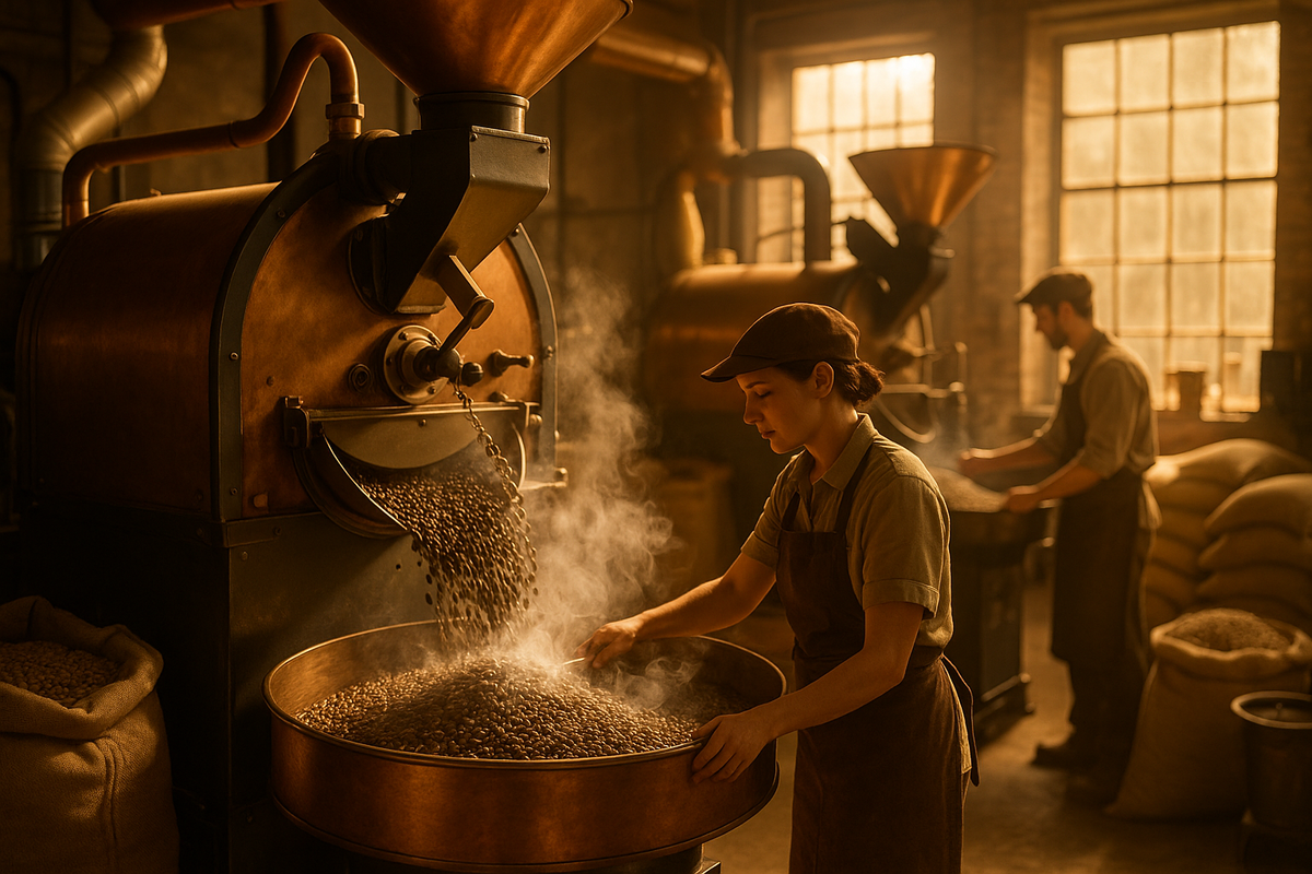 coffee roasting and processing warm cinematic bright scene