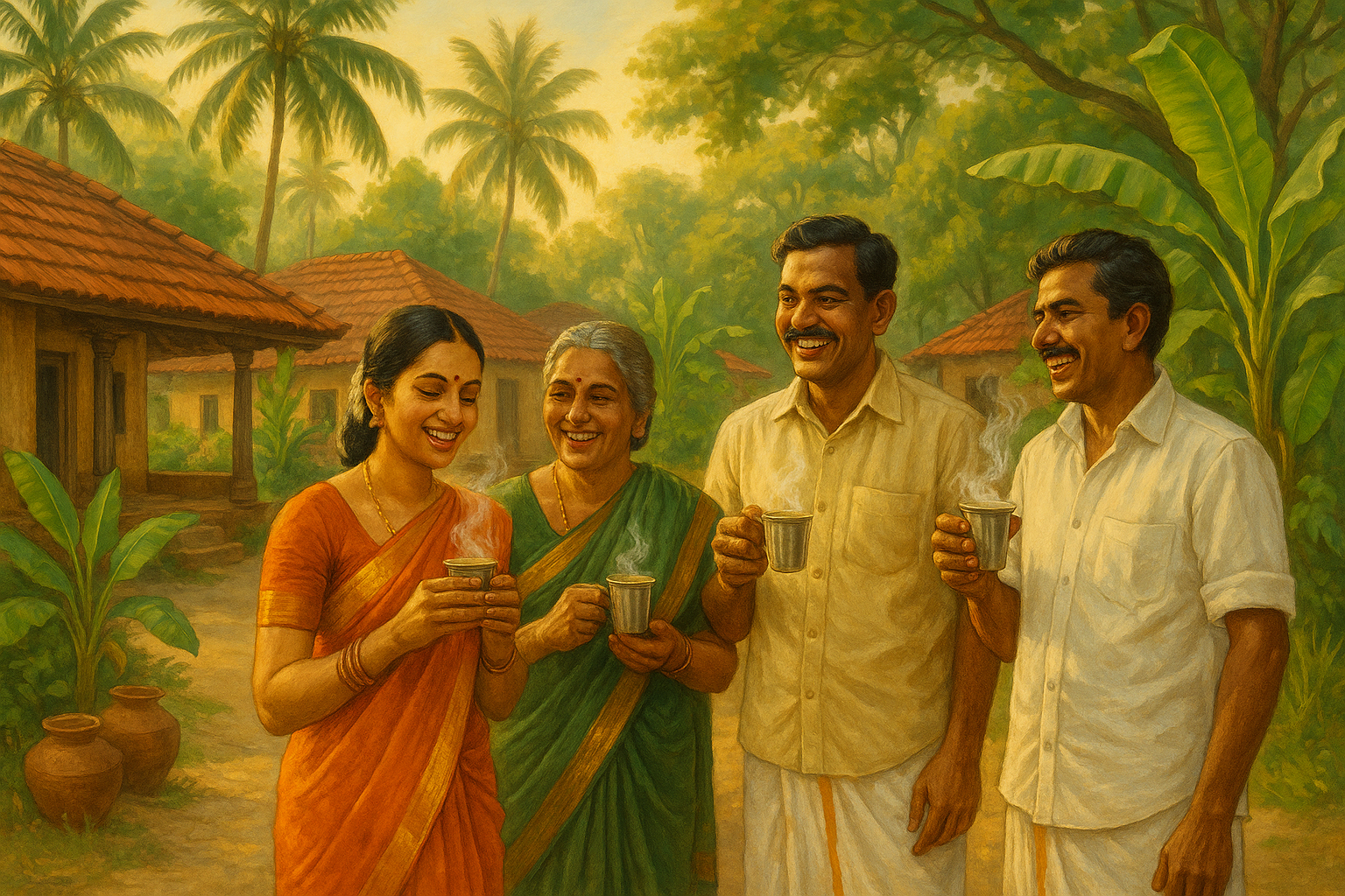 generate an image of south indian style village background and in front some people drinking and holding coffee cups