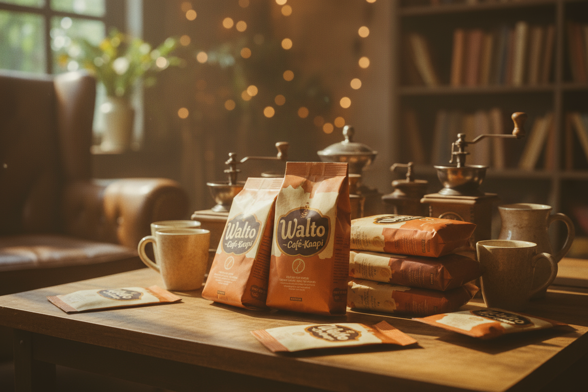 packaging for coffee vintage warm cinematic scene and Walto by Cafe-Kaapi written oh the packets