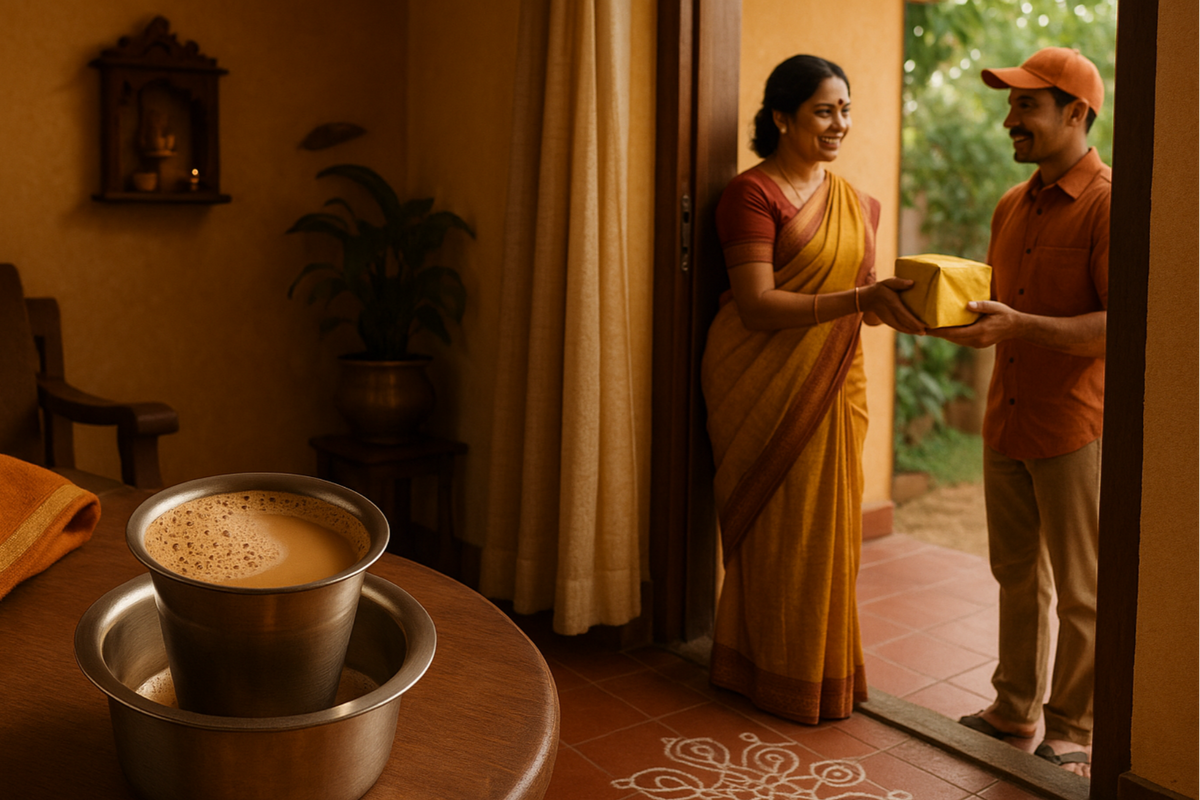 Woman in a yellow saree receiving a package from a delivery person in a warm indoor setting.