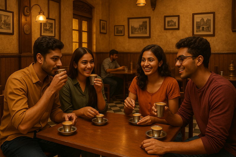 Young people sitting in madras style cafe and sipping coffee